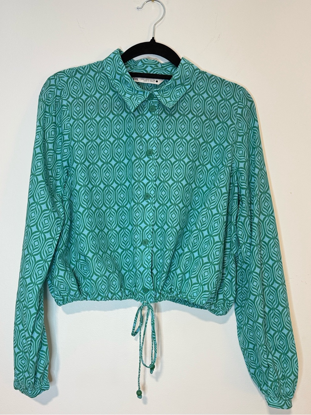 Women's Teal Geometric Button-Up Drawstring Top